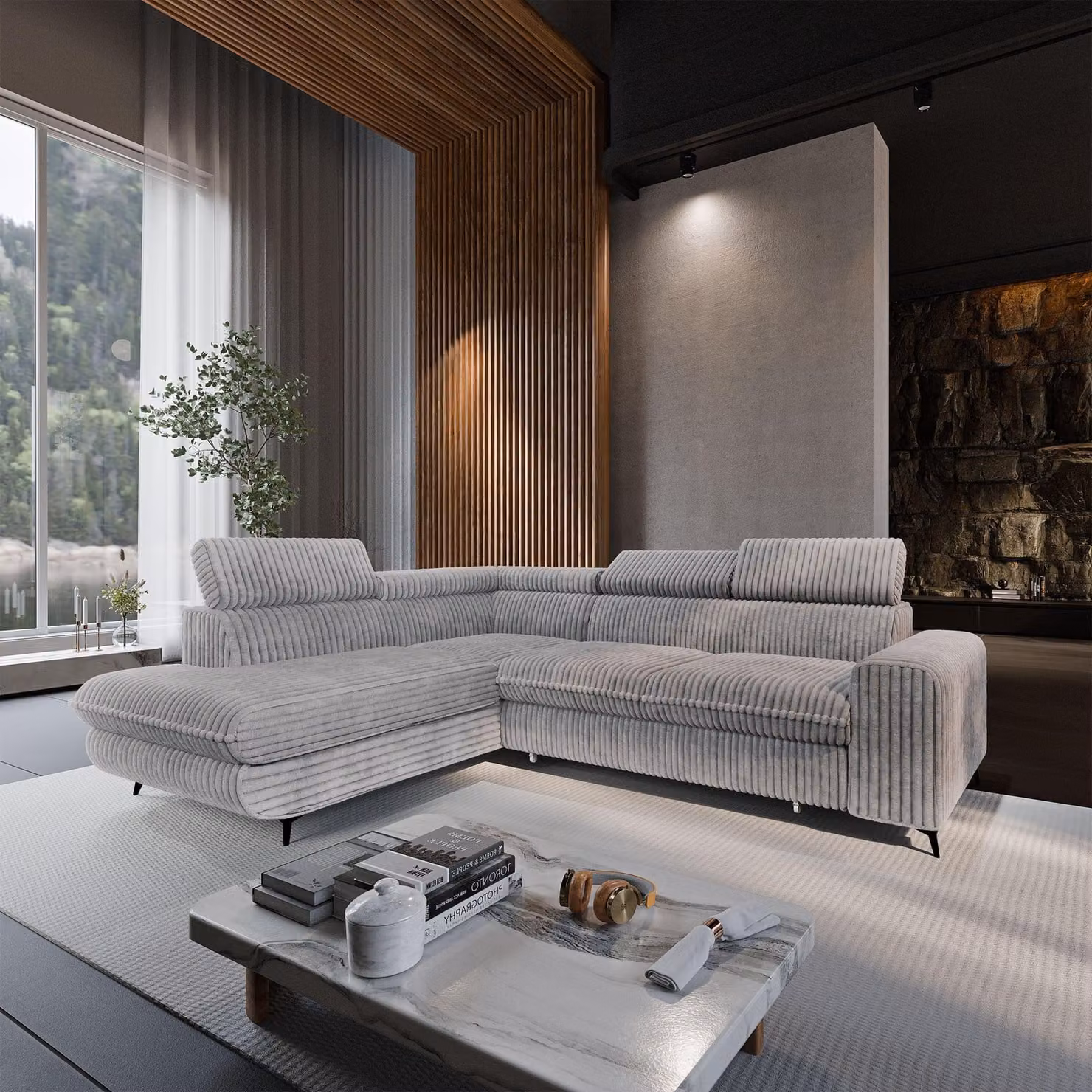 Divano ad angolo Masseno VELISS con funzione letto a L, divano con contenitore, divano da salotto, divano, divano letto, set divani - Grigio chiaro, TILIA 86