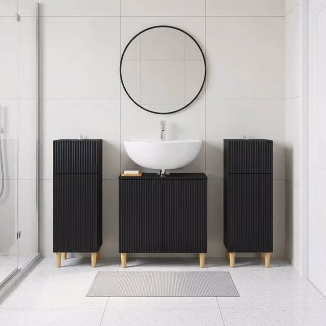 Set di mobili da bagno vidaXL ARNHEM in legno nero opaco, composto da mobile lavabo e armadietti laterali, L/P/H: 120 x 40 x 85 cm – 1
