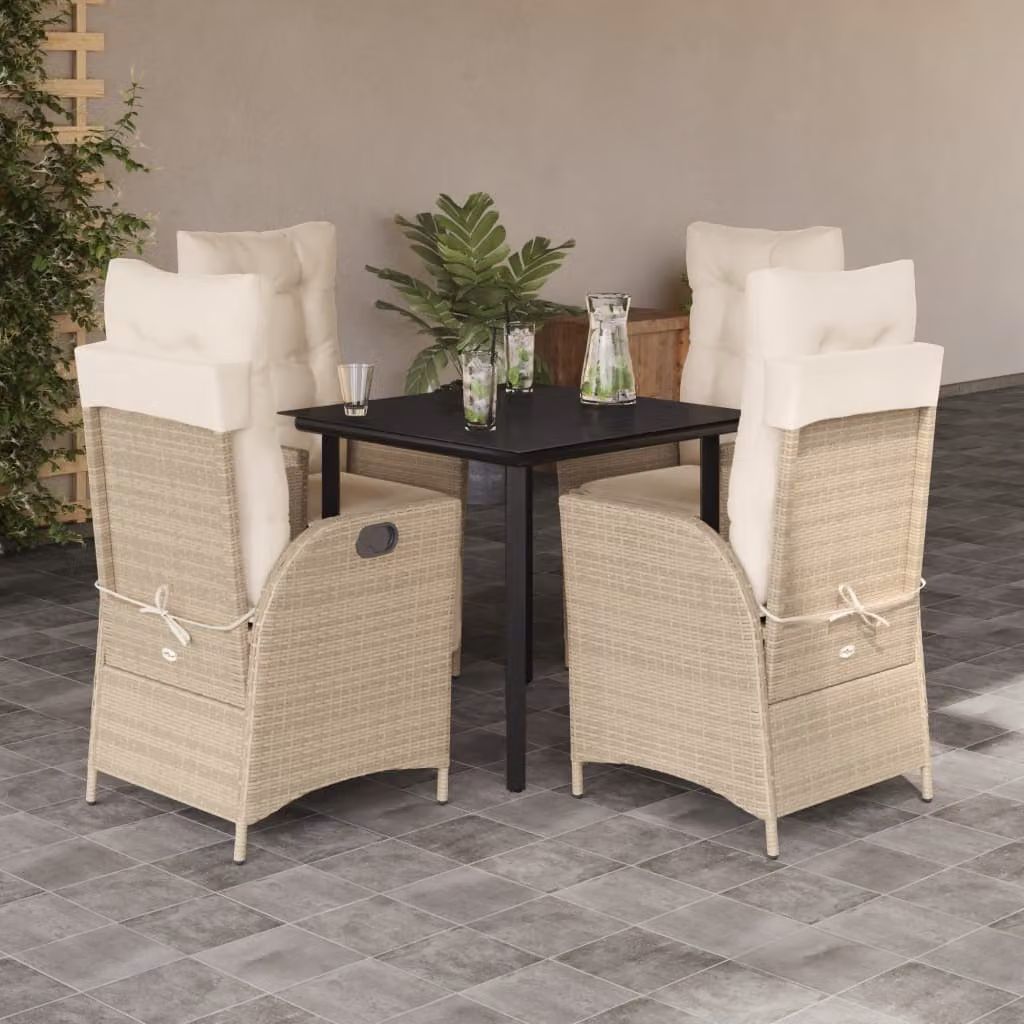 Set da Pranzo da Giardino 5 pz vidaXL in Polyrattan con Cuscini Beige e Tavolo in Vetro – 1