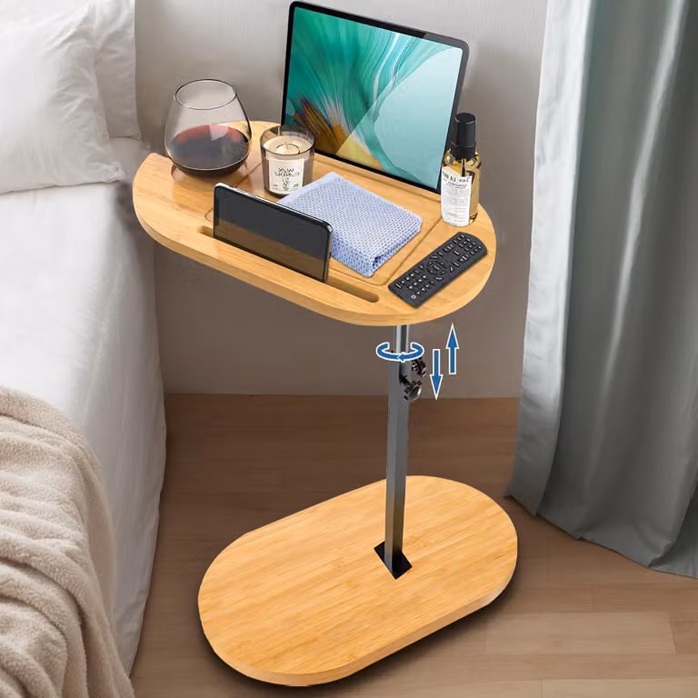 Tavolino ausiliario C-Form, girevole a 360°, regolabile in altezza da 42 a 82 cm, in bambù e metallo, ideale come tavolino per il soggiorno, il bagno, il letto o il divano