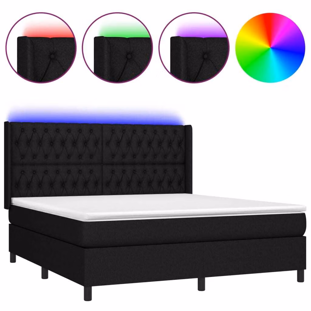Letto a Molle con Materasso e LED Nero 160x200 cm in Tessuto