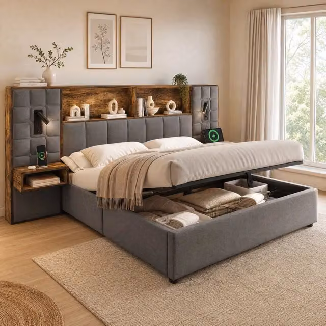 Letto matrimoniale 180 × 200 cm con contenitore in lino grigio luci LED comodini e porte USB Type-C