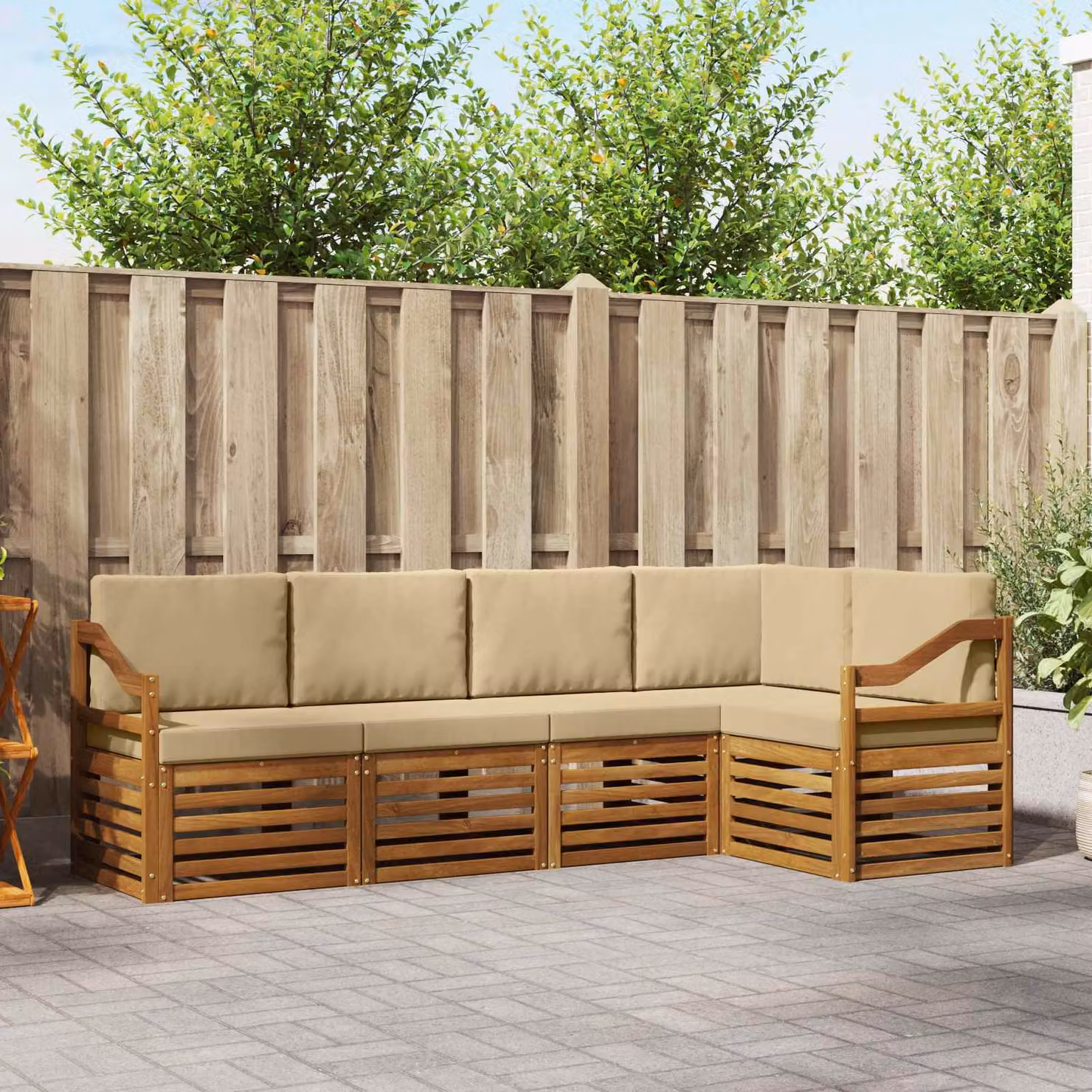 Set di divani da esterno vidaXL a forma di L in legno di acacia con cuscini, Beige e Bianco