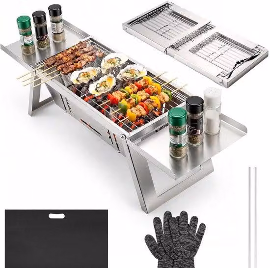 Griglia portatile a carbone - 4 livelli di temperatura - Griglia da tavolo compatta - Mini-griglia per campeggio, picnic e giardino - Griglia regolabile - Colore: nero