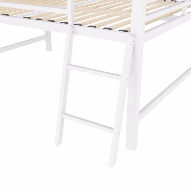 Letto a soppalco matrimoniale in metallo bianco con scala, scrivania pieghevole, illuminazione LED e barriere di sicurezza, L/P/H: 200 x 140 x 176 cm