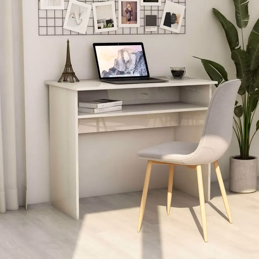 Scrivania moderna in legno MDF bianco lucido L 90 cm x P 50 cm x H 74 cm per ufficio o camera dei bambini – 2
