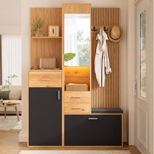 Set ingresso con scarpiera appendiabiti specchio panca ¨C Minimal ¨C Bianco legno multistrato 80x180x35cm