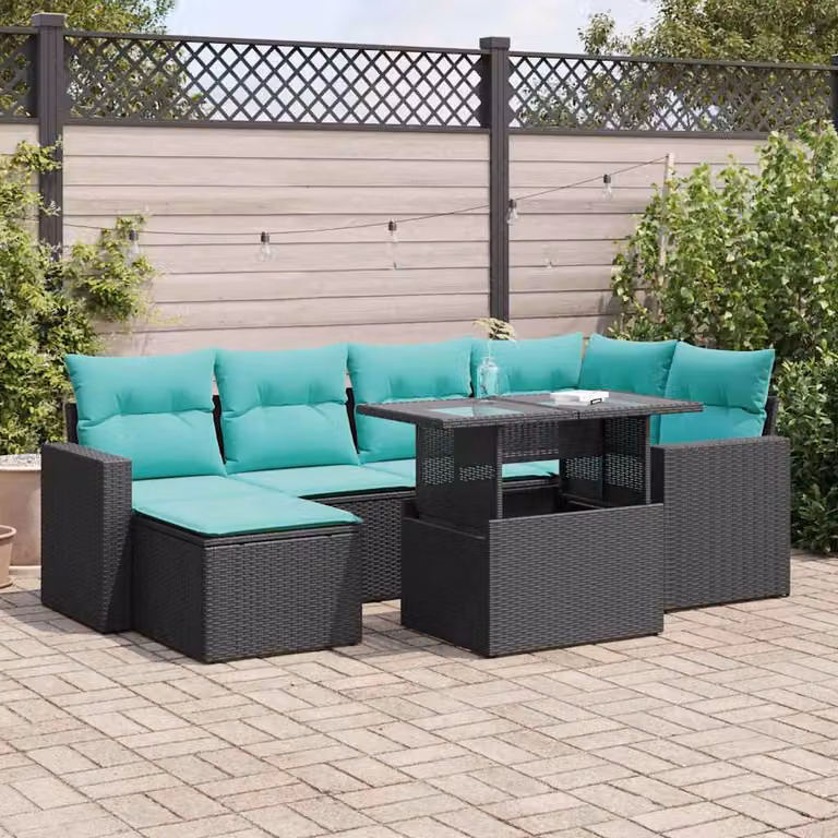 Set di divani da giardino a L vidaXL in polyrattan con cuscini, colore nero e acacia, composto da 7 pezzi