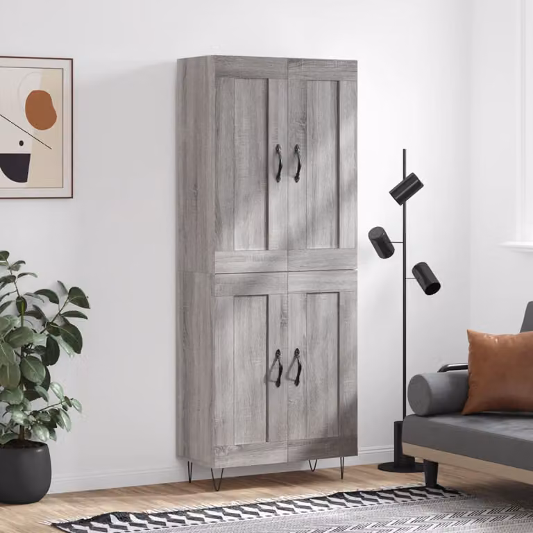 Credenza moderna vidaXL in legno multistrato e metallo, Grigio Sonoma, L: 69,5 cm, P: 34 cm, H: 180 cm