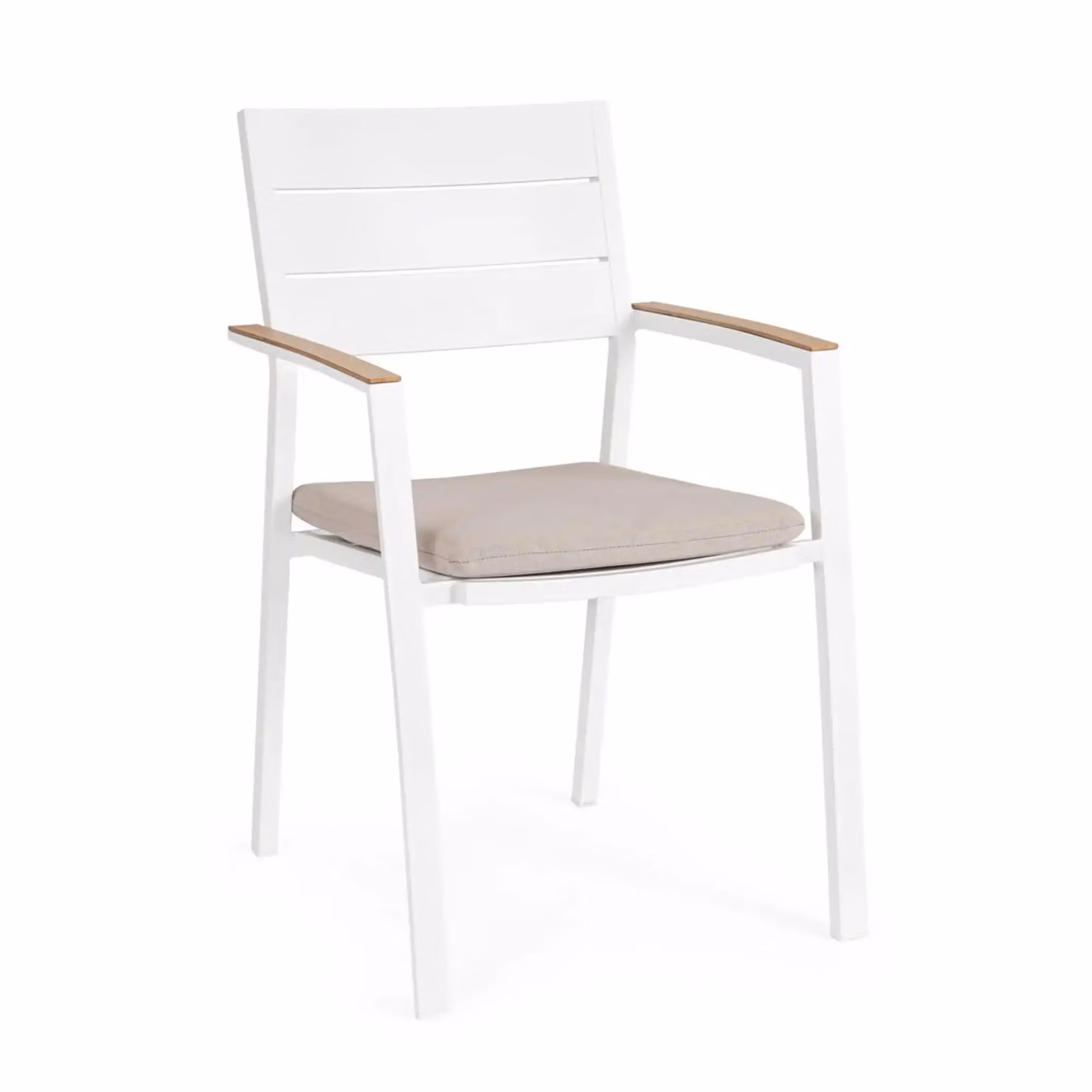 Set 4 sedie da giardino ZELMAR con cuscino tortora, braccioli effetto legno e struttura in alluminio bianco