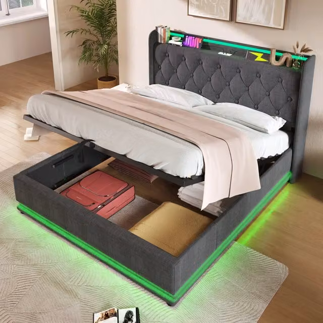 Letto matrimoniale 140x200 letto contenitore idraulico in lino grigio con materasso a molle 7 zone e LED
