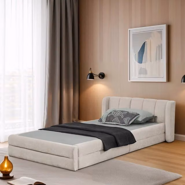 Letto singolo 90 × 200 cm senza materasso, imbottito in ciniglia beige con testiera ergonomica e struttura stabile