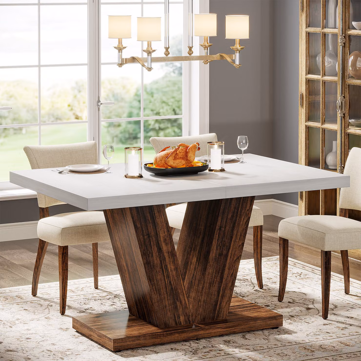 Tavolo da pranzo per 4 persone Tribesigns, tavolo da pranzo da cucina bianco con base robusta, tavolo da pranzo in legno da cascina per casa, sala da pranzo, cameretta