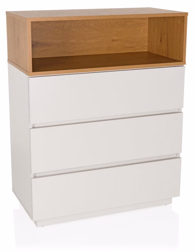 Comodino moderno con 3 cassetti e 1 ripiano aperto
