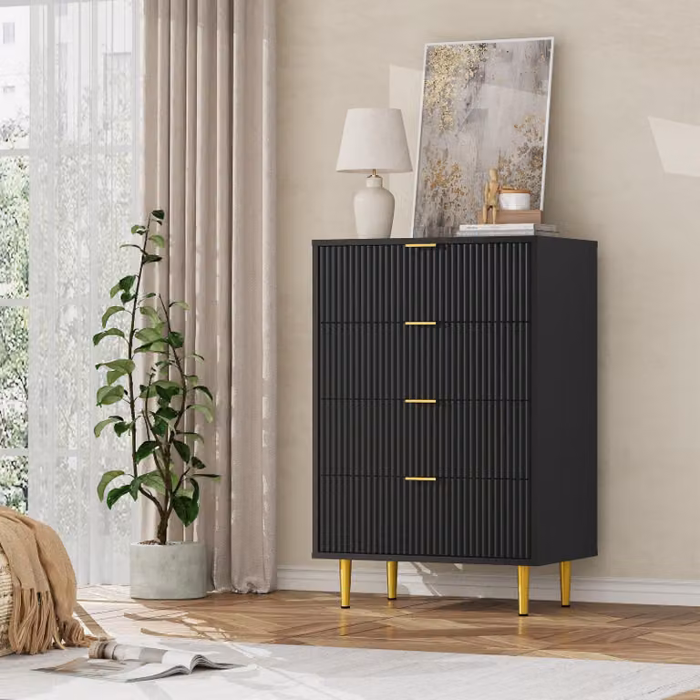 Comodino con frontale scanalato, 4 cassetti, ideale per la camera da letto o il soggiorno, colore nero strutturato