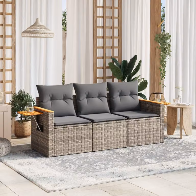Set di divani da giardino vidaXL in polyrattan grigio con cuscini e tavolino da esterno