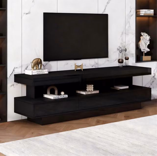 Mobile TV ULEVR 160x38x50,5 cm nero lucido con 3 vani in vetro, illuminazione LED Bluetooth e gestione cavi