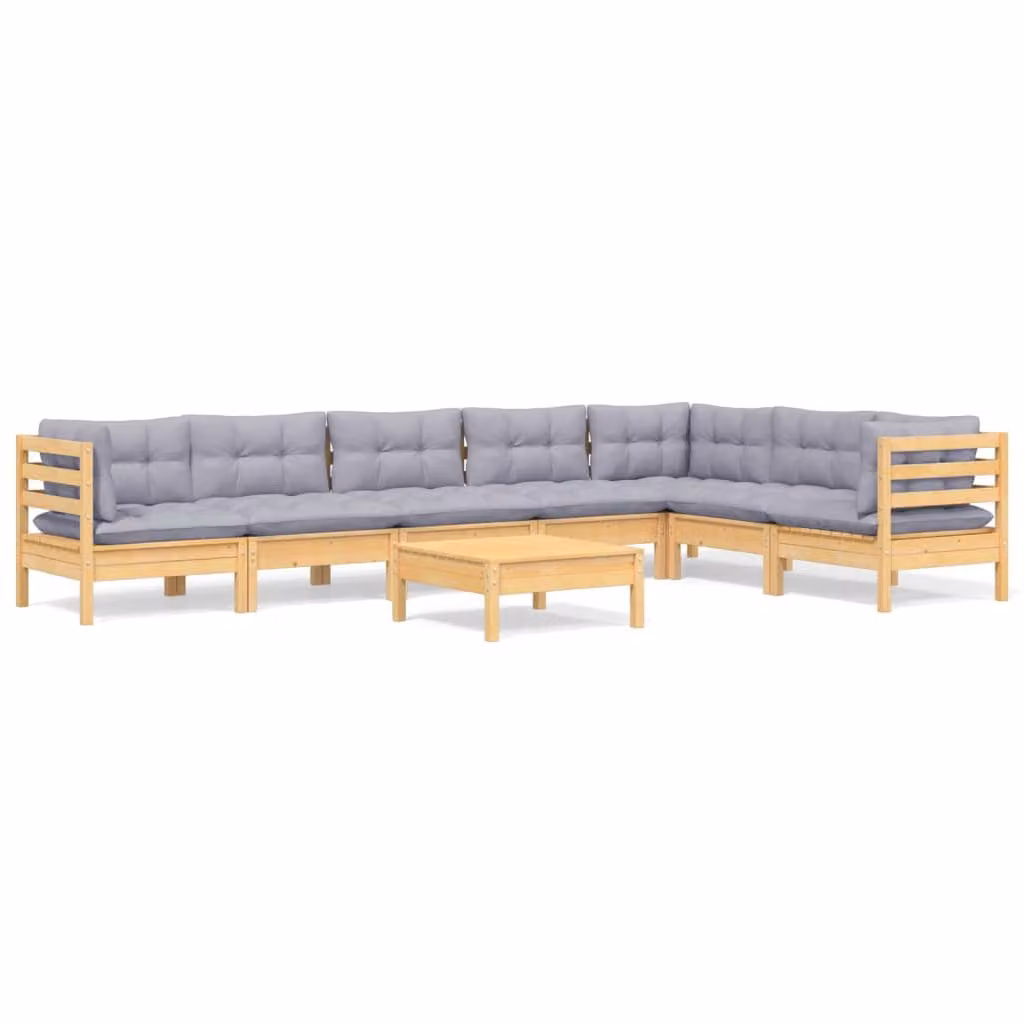 Set Divani da Giardino 8 pz con Cuscini Grigi Massello di Pino