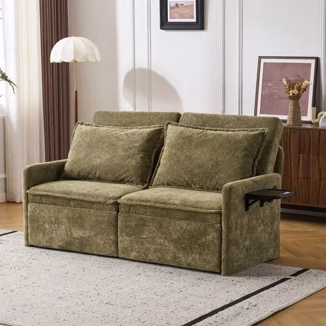 Divano Letto con Contenitore ¨C MINIMAL ¨C Chenille Verde, Schienale Regolabile 5 Posizioni, USB