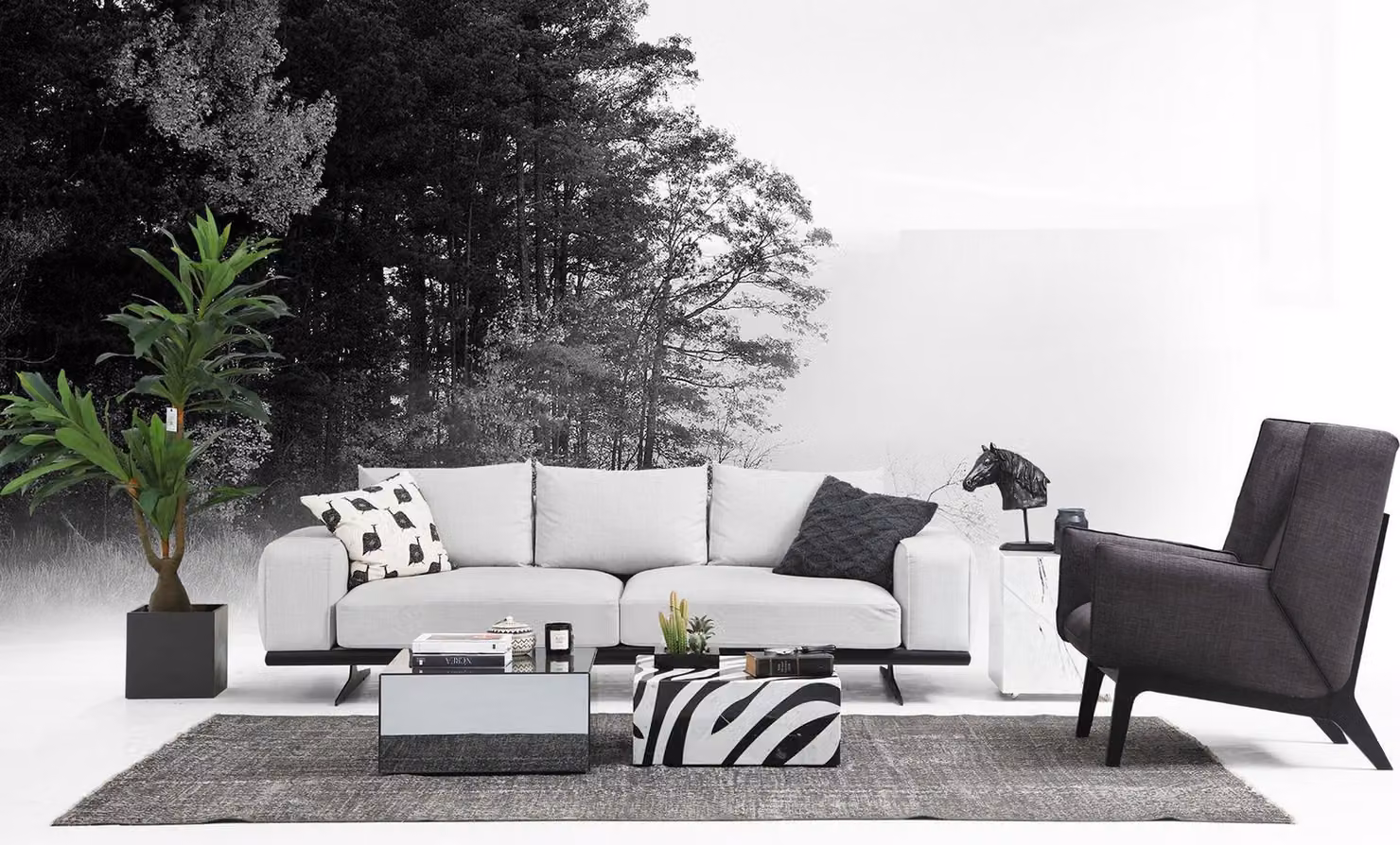 Sofagarnitur Sofa 2 Sitzer Sessel Zweisitzer Grau Modern Stoff Set