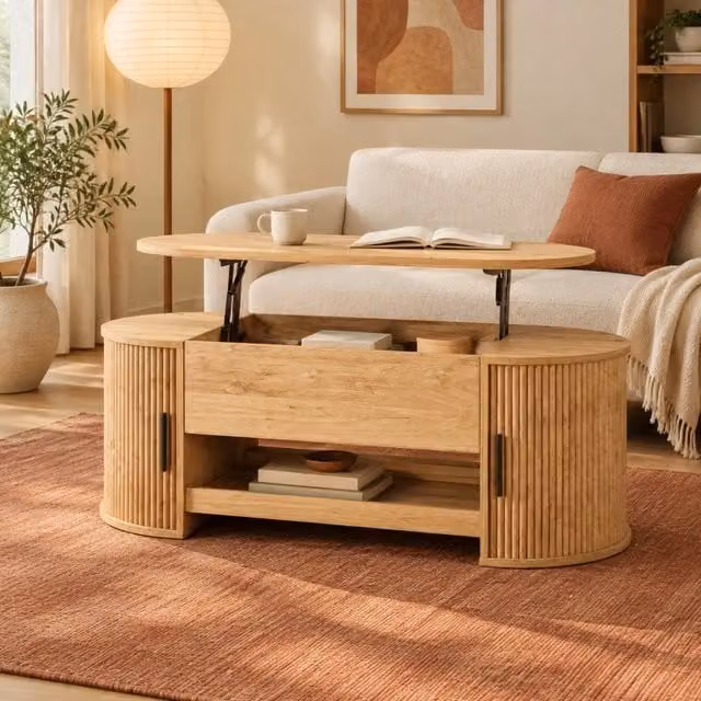 Tavolino da soggiorno con funzione sollevabile, ripostiglio nascosto e ante scorrevoli laterali in MDF color naturale, 110x55x55 cm