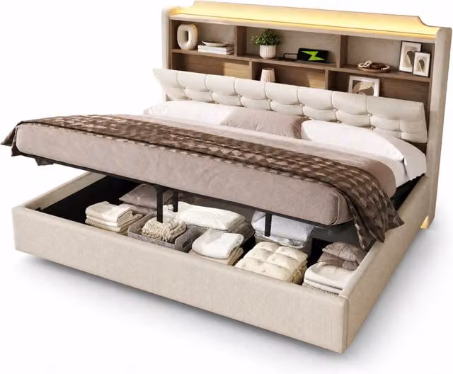 Letto contenitore matrimoniale moderno in tessuto beige con illuminazione LED, porte USB e Type-C, L/P: 180 x 200 cm