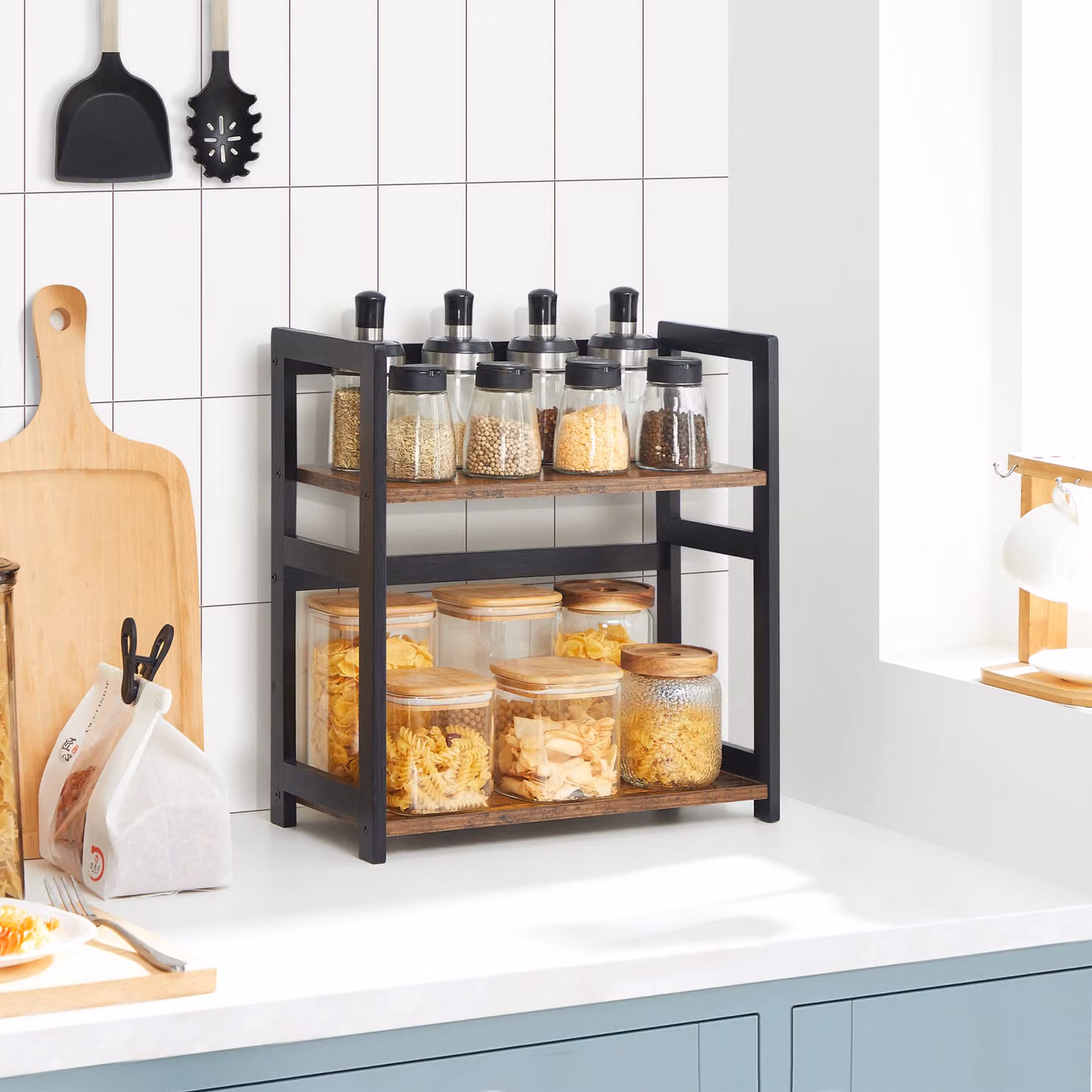 SONGMICS Scaffale da cucina a 2 livelli, portaspezie, portaoggetti