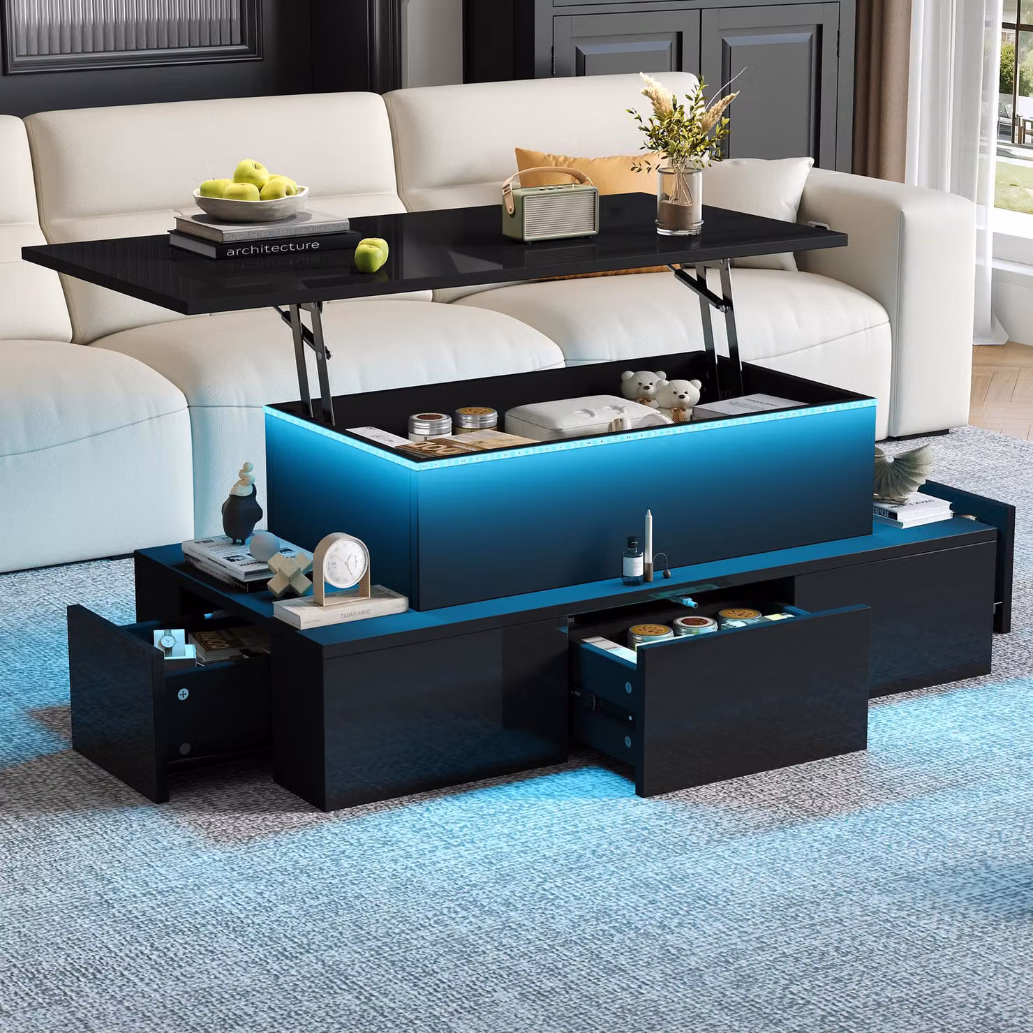 MODFU Tavolo da salotto moderno Tavolo da divano con 4 cassetti, tavolino da salotto con illuminazione a LED e spazio di archiviazione nascosto, nero