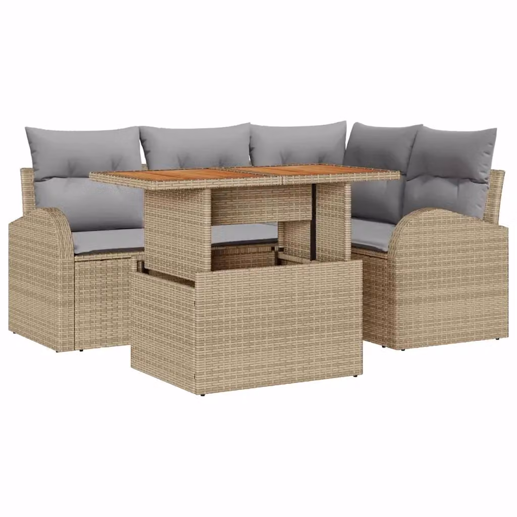 Set Divano da Giardino 5 Pezzi vidaXL in Polyrattan Beige con Cuscini e Tavolino – 2