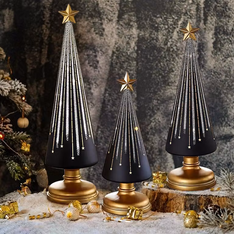 Alberi di Natale in vetro con luci LED, decorazioni natalizie, set da 3 con effetto sfumato