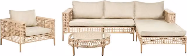 Set da giardino Beliani a 4 posti con lato sinistro, colore beige, composto da elemento angolare, poltrona lounge e tavolino da caffè con cuscini in tessuto resistente ai raggi UV e struttura in alluminio verniciato a polvere