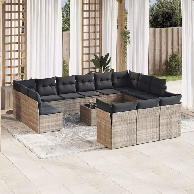 Set di Divani da Giardino Moderno VIDAXL in Polyrattan Grigio con 14 Cuscini a Forma di U