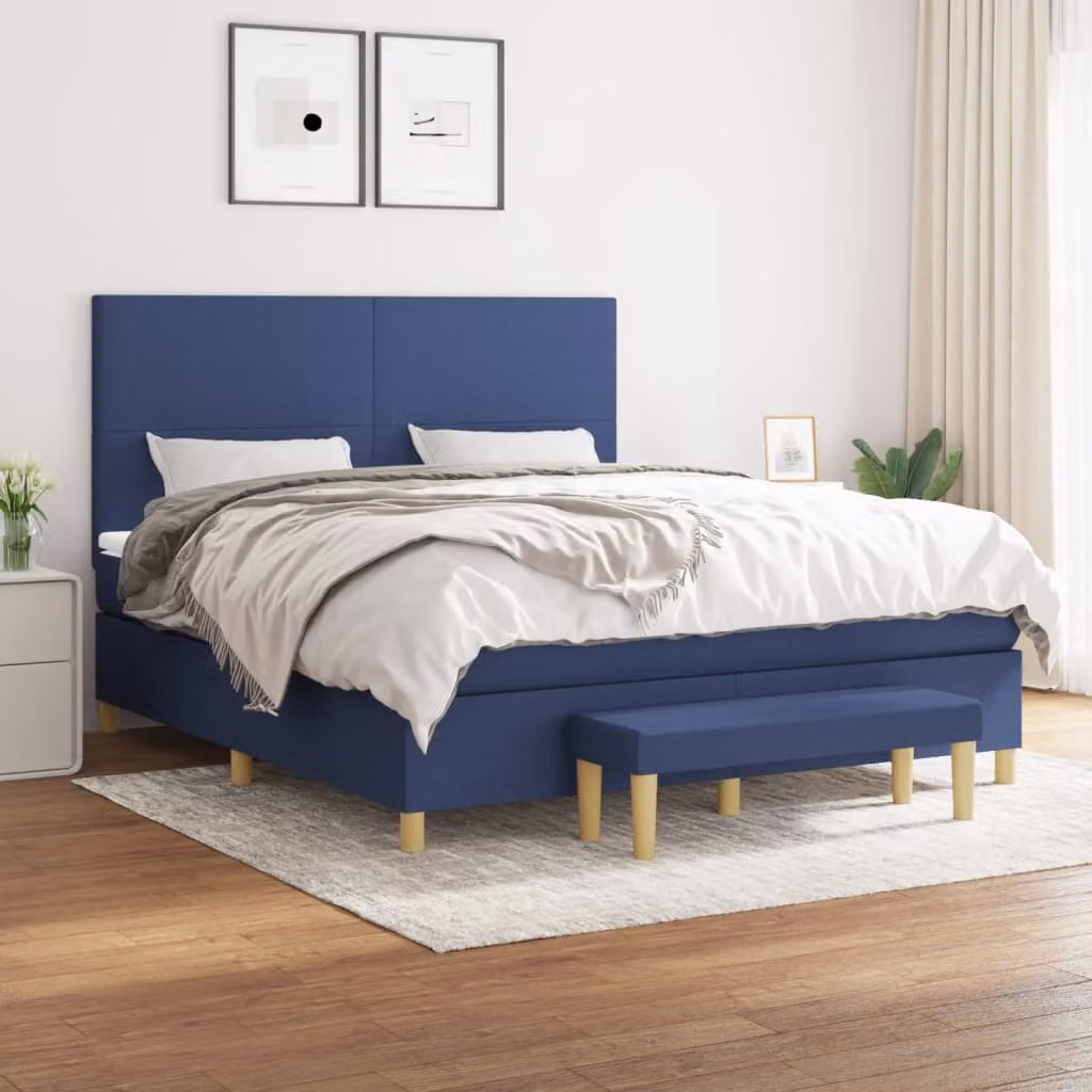 vidaXL Giroletto a Molle Ibrido con Materasso in Tessuto Blu e Bianco L/P/H: 203 x 180 x 128 cm – 1