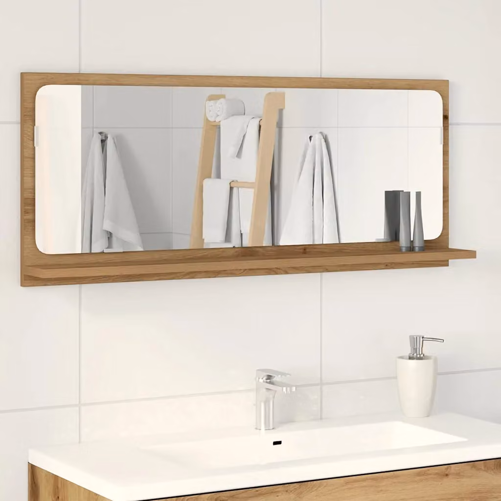 vidaXL Mensola con Specchio in Rovere Artigianale, Marrone Opaco, L 90 x P 10,5 x H 37 cm
