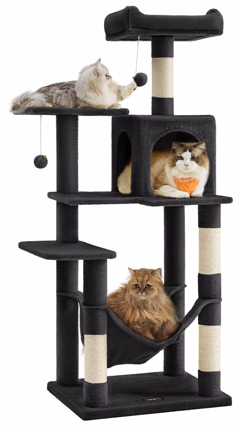 Albero per gatti Feandrea, altezza 143 cm, casa per gatti a più livelli, con 4 pali per graffiare, 2 piattaforme, amaca, rifugio, colore nero inchiostro, modello PCT161B01