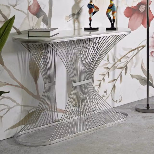 Consolle Branduzzo, Tavolo multiuso, Mobiletto d'appoggio, Scrivania da corridoio, 120x35 h79 cm, Argento