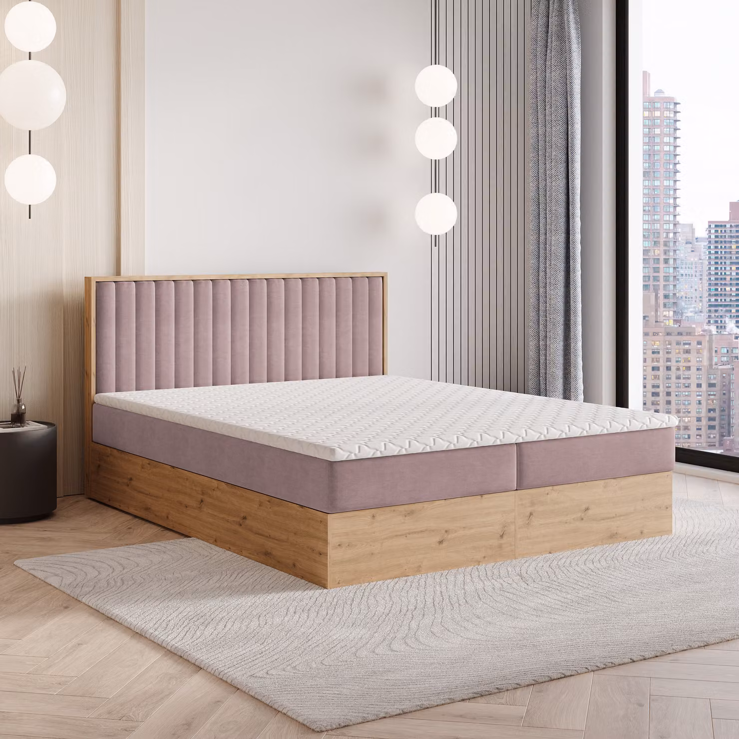 Masseno letto a molle VARELI 160x200 cm completo di materasso e topper Bonell, letto imbottito con cassettiera - rosa, SORO 61