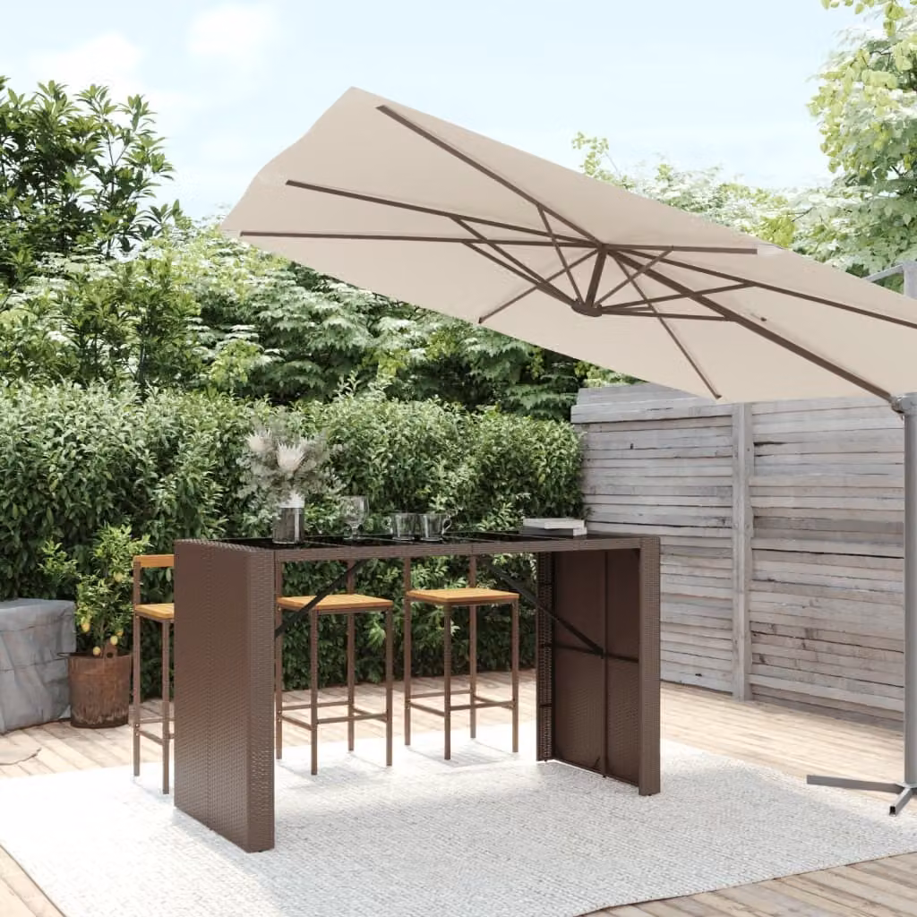The Living Store Tavolo da bar con piano in vetro marrone 185x80x110 cm in poly rattan