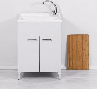 Mobile lavatoio Desya bianco con vasca in resina e asse lavapanni L: 60 cm, P: 50 cm, H: 83,5 cm