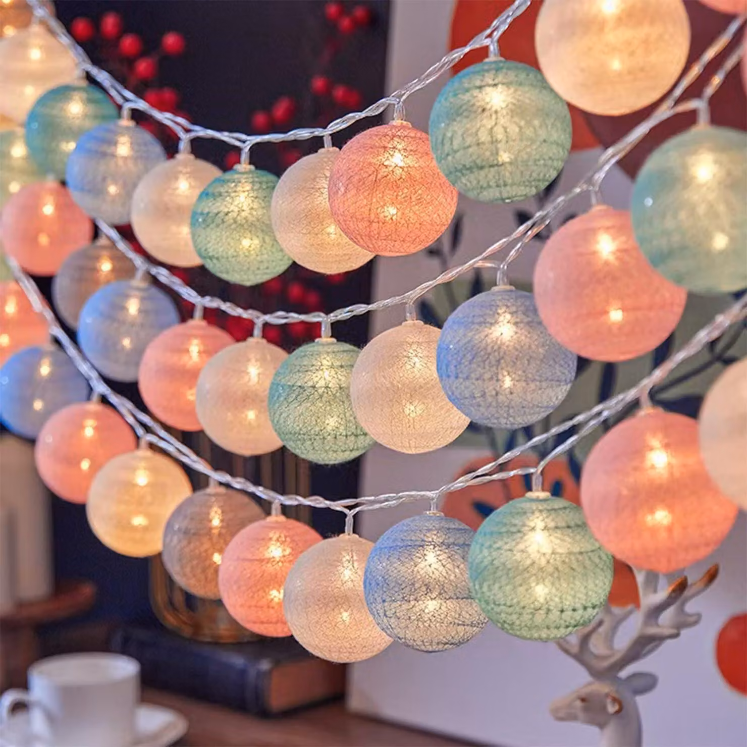Catena luminosa a LED con palline di cotone, lunghezza 3 metri, 20 LED, alimentazione a batteria