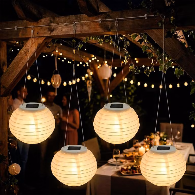 Lanterna solare a LED rotonda da 12 cm in nylon - Set da 4 pezzi - Illuminazione decorativa da giardino a luce bianca calda - Lanterna solare a forma di sfera luminosa)