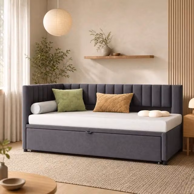 Divano letto angolare multifunzionale in velluto grigio 90x200 cm con letto estraibile 180x200 cm per bambini e ospiti
