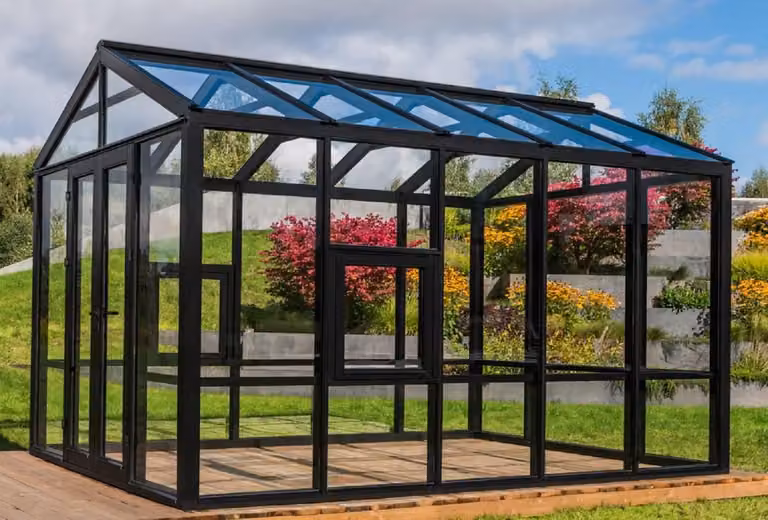 Casa Padrino casetta da giardino nera 400 x 300 x h. 276,2 cm - Casetta da giardino in legno massiccio con finestre e porte in vetro - Serra - Casette da giardino - Serre