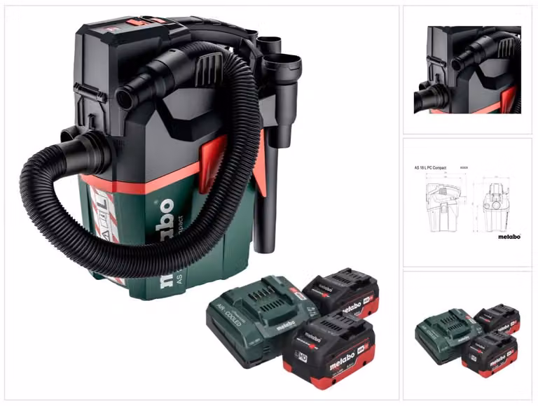 Metabo AS 18 L PC Aspirapolvere compatto a batteria 18 V 6 l IPX4 classe di polvere L wet and dry + 2x batteria ricaricabile 8,0 Ah + caricabatterie