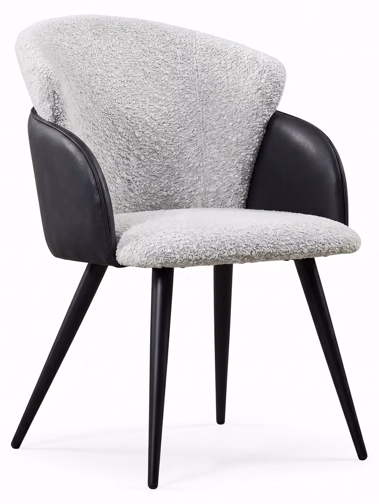 Poltrona imbottita "Teddy" con braccioli, rivestita in tessuto bouclé grigio scuro, con struttura in ecopelle, ideale come sedia