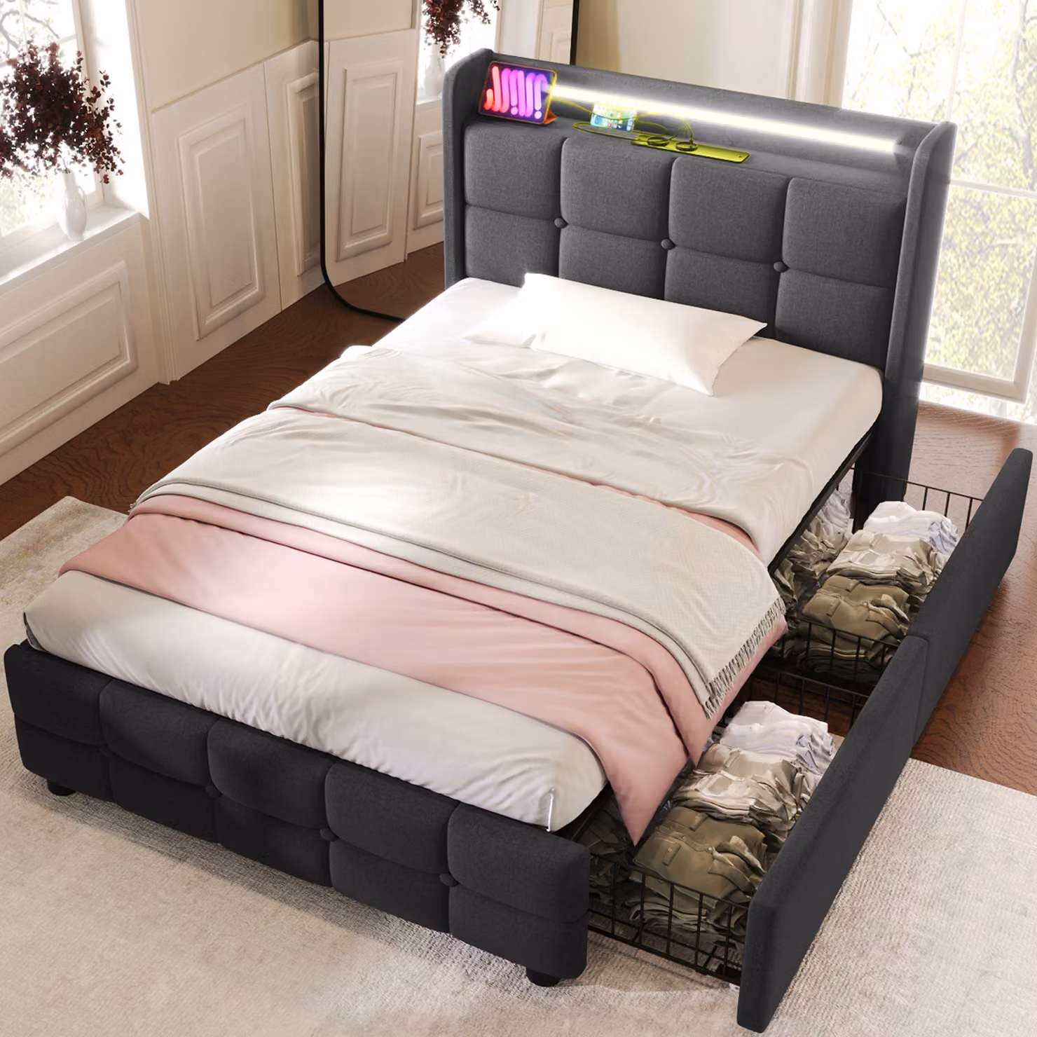 MODFU Letto imbottito 90 x 200 cm, letto singolo funzionale con porta USB, illuminazione a LED e 2 prese (senza materasso), grigio