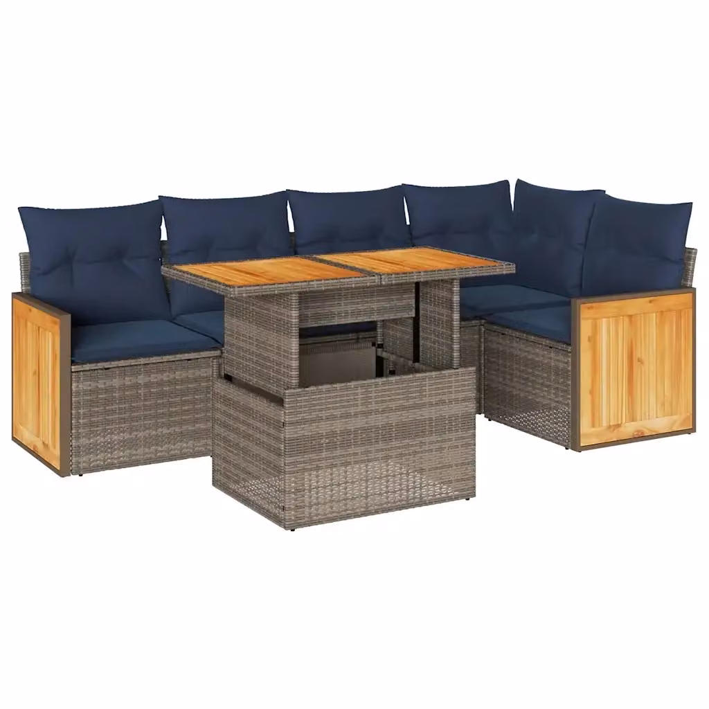 Set Divano da Giardino a L con Polyrattan e Legno di Acacia vidaXL, 6 Pezzi con Cuscini Grigio e Blu – 2