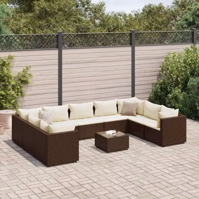 Set da giardino componibile vidaXL a forma di L con divani, elementi angolari, tavolino da caffè e cuscini, marrone e bianco