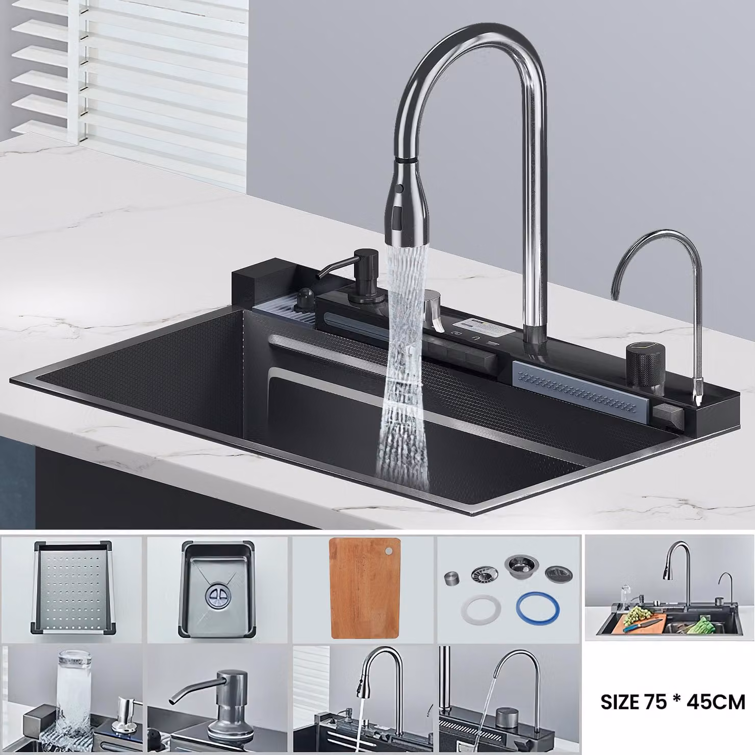 Lavello da cucina con rubinetto - Vasca singola grande, 75x45 cm - Acciaio inossidabile 304 - Finitura spazzolata