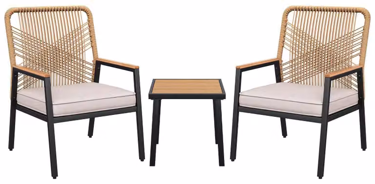 Set da giardino a 3 pezzi - Mobili da balcone in polyrattan con 2 sedie e tavolo in vetro - Intrecciato in PE - Struttura in metallo - Per giardino, terrazza e balcone - Giallo crema